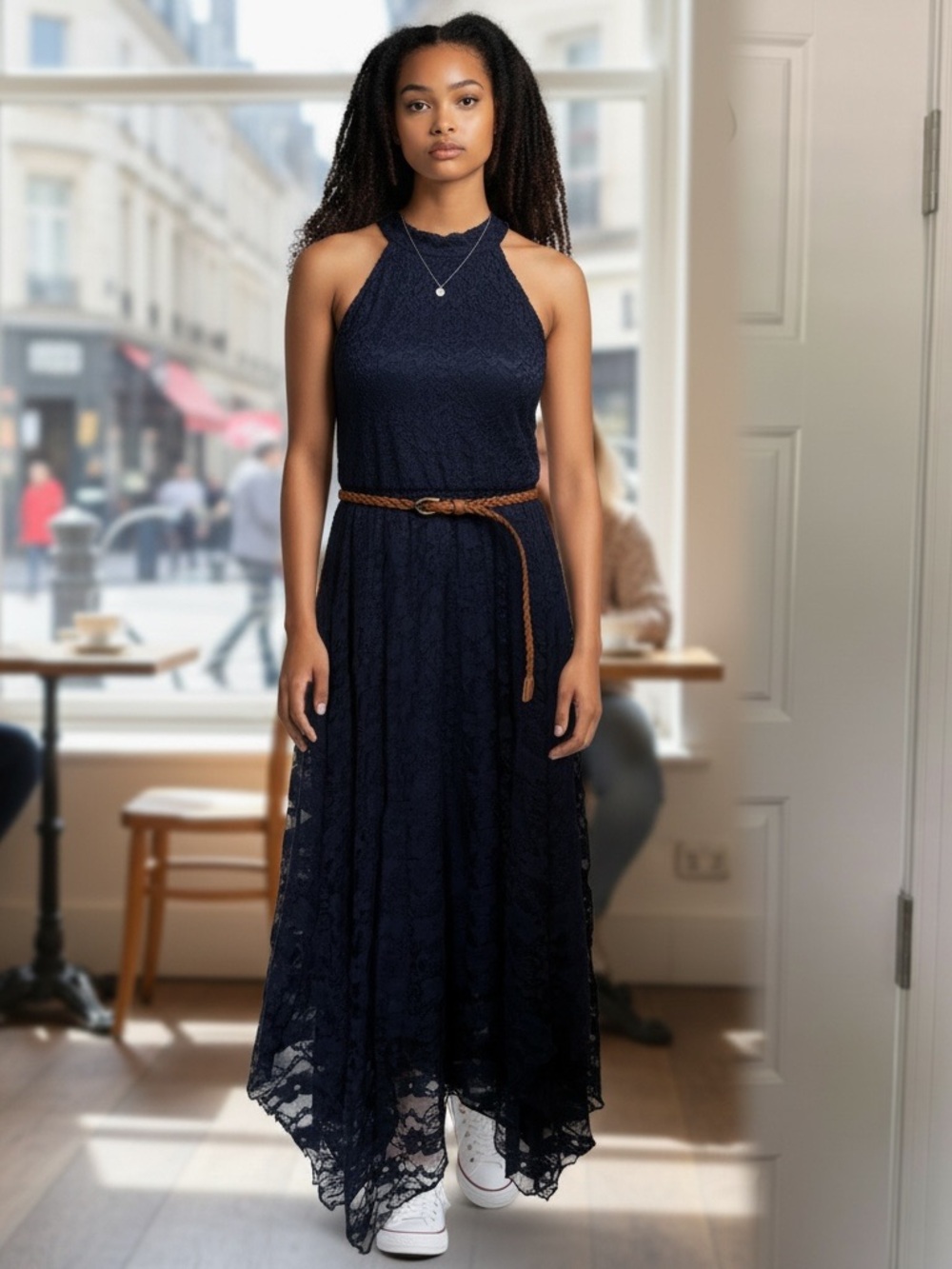 Classic Navy Lace Halter Maxi Dress with Braided Belt